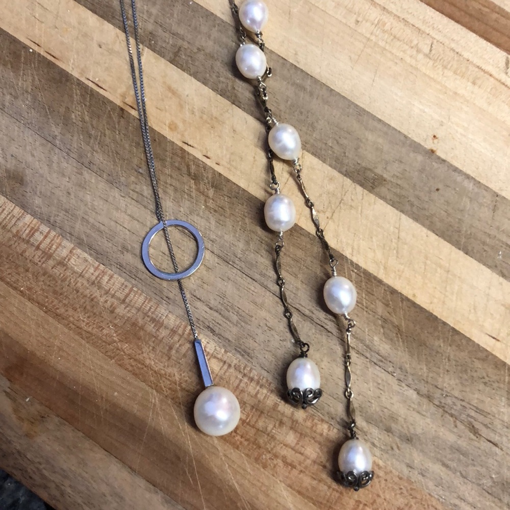 Set of 2 Silver Freshwater Pearl Lariat Necklaces